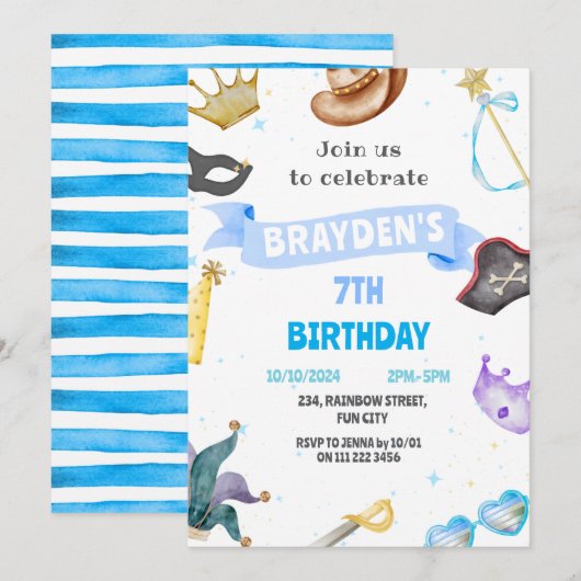 Invitation Costume Party Enfants Bleu Garçon se vêtir Anniver (Devant / Derrière)