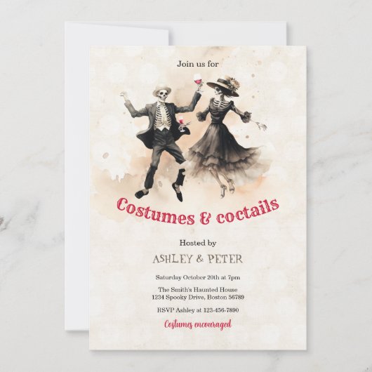 Invitation Costumes & Cocktails Vintage Squelette Halloween (Devant)