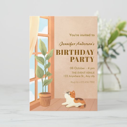 Invitation Cosy minimaliste chat maison anniversaire (Debout devant)