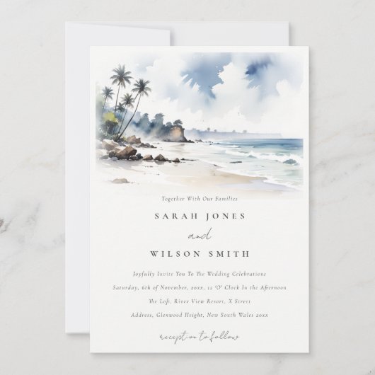 Invitation Côte Bali Beach Palm Tree Mariage d'aquarelle (Devant)
