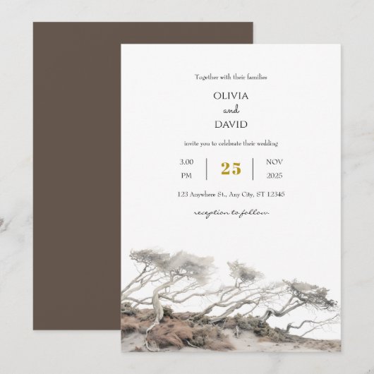 Invitation Côte Beige Windswept Trees View Beach Wedding (Devant / Derrière)