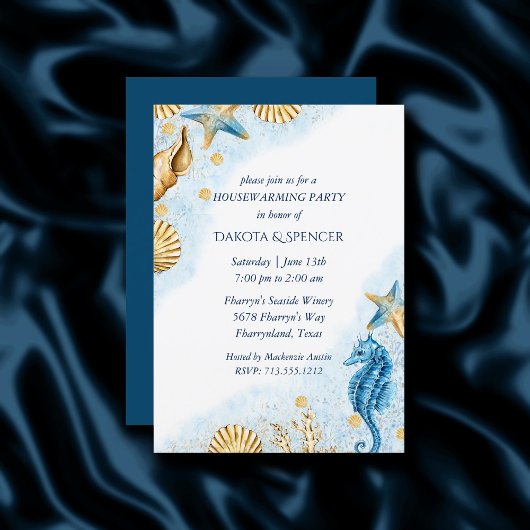 Invitation Côte Chic | Fête de Chauffage Maison Bleue et Or