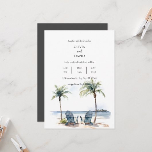 Invitation Côte Tropical Palm Trees mariage (Devant/Arrière en situation)