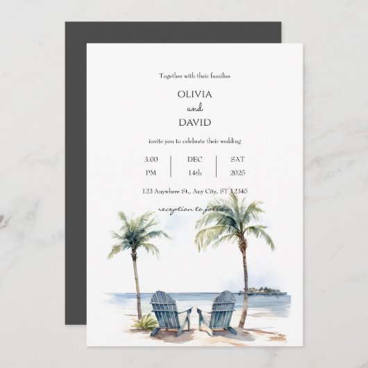 Invitation Côte Tropical Palm Trees mariage (Devant / Derrière)