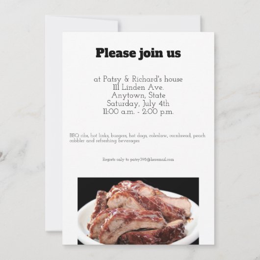 Invitation côtes barbecues sur une assiette (Dos)