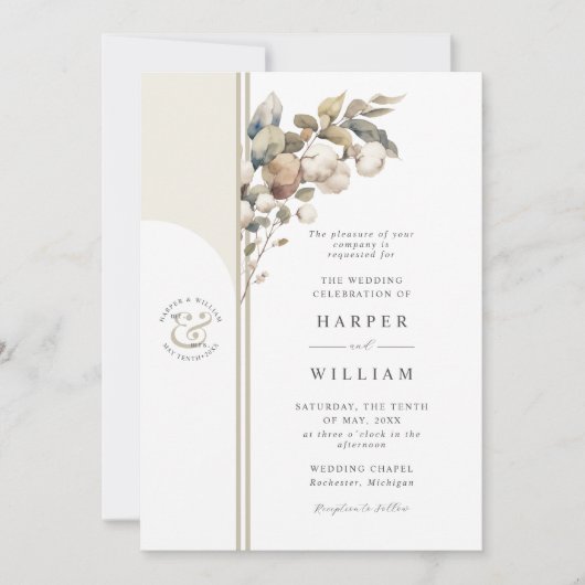 Invitation coton beige doux et mariage eucalyptus (Devant)