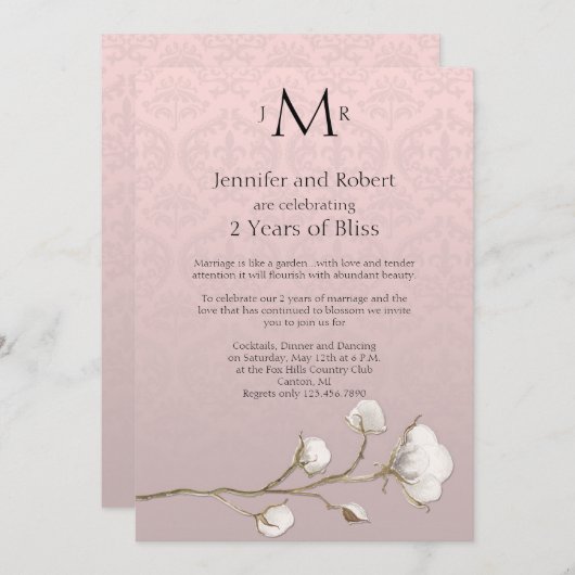 Invitation Coton Damassé 2e Anniversaire de Mariage (Devant / Derrière)