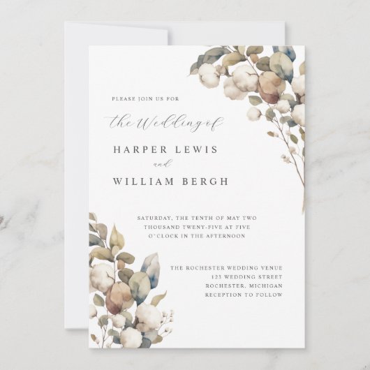 Invitation Coton doux et mariage d'Eucalyptus (Devant)