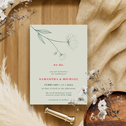 Invitation Coton Fleur Rouge Vert Botanique Printemps nous fa