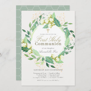 Invitation Coton Garden Wreath Green First Holy Communion