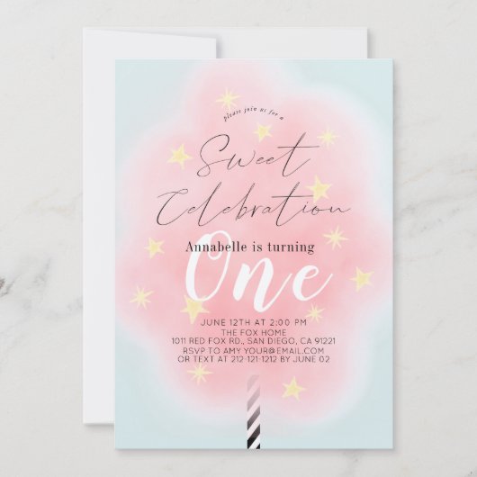 Invitation Coton rose bonbon douce fille 1er anniversaire (Devant)