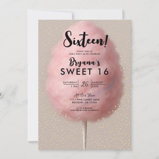 Invitation Coton rose Bonbon Or Confetti Sweet 16 Partie (Devant)