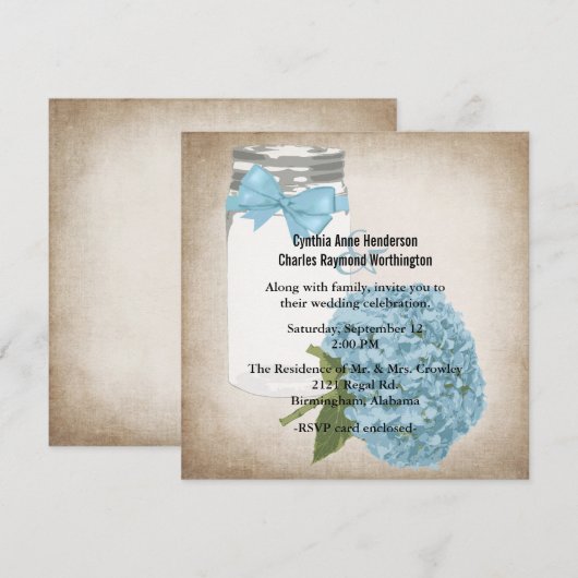 Invitation Cottage Chic Hydrangea et Mason Jar Mariage (Devant / Derrière)