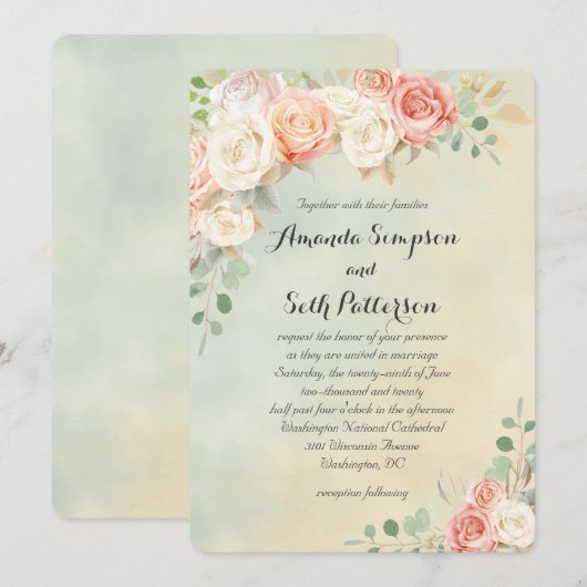 Invitation Cottage Chic Rose Vintage Mariage (Devant / Derrière)