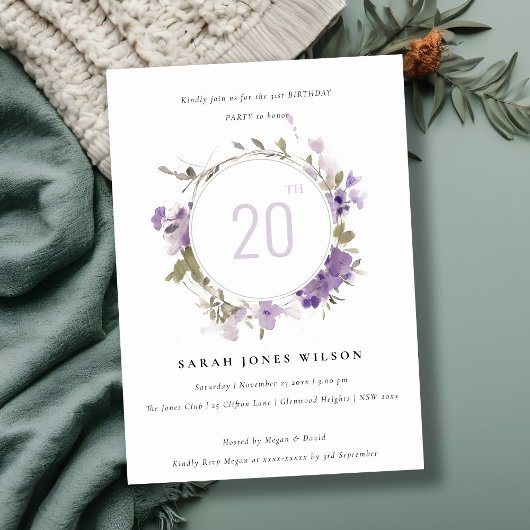 Invitation Cottage prairie Lilac Floral Wreath Anniversaire