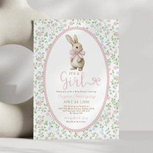 Invitation Cottagecore Lapin Rose Fleurie Fille Baby Shower