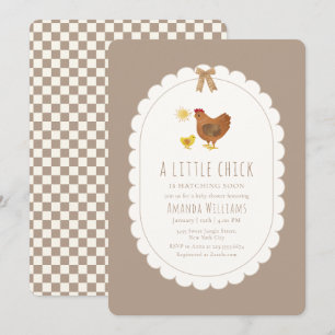 Invitation Cottagecore Marron à carreaux Baby Shower Poussin
