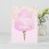 Invitation Cotton Candy Rose & Confettis Dorés Fête d'anniver (Debout devant)