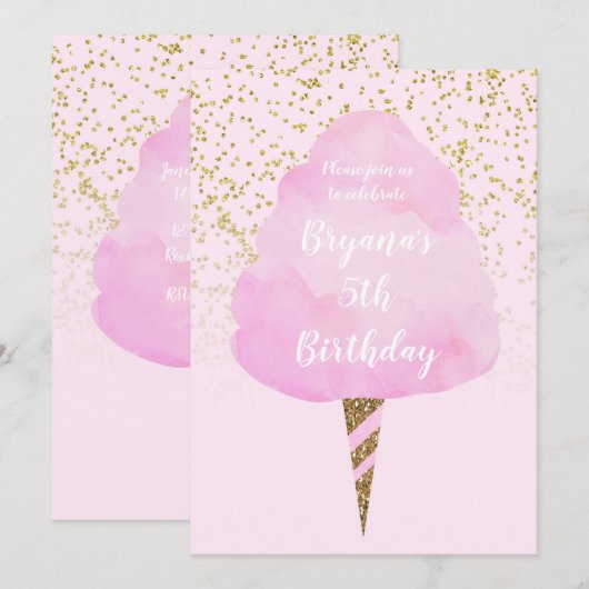 Invitation Cotton Candy Rose & Confettis Dorés Fête d'anniver (Devant / Derrière)
