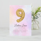Invitation Cotton Candy Watercolor Girls 9th Birthday Balloon (Debout devant)