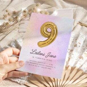 Invitation Cotton Candy Watercolor Girls 9th Birthday Balloon