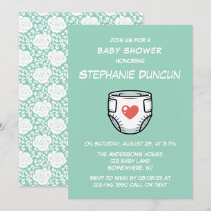 Invitation Couche Bébé avec un Cœur Rouge Baby Shower