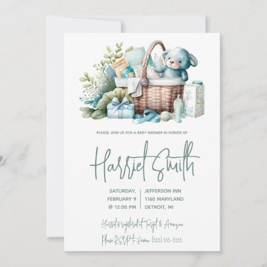 Invitation Couche Bleue, Panier Cadeau, Bébé Garçon Douche (Devant)