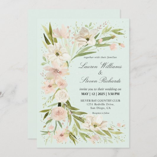 Invitation Couché rose clair Pastel Vert Coin romantique (Devant / Derrière)