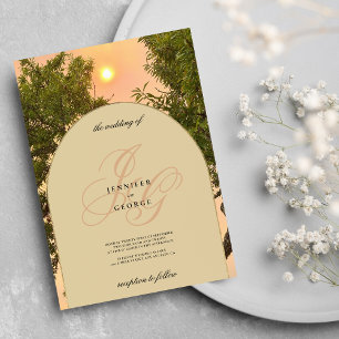 Invitation Coucher de soleil orange vert monogramme mariage i