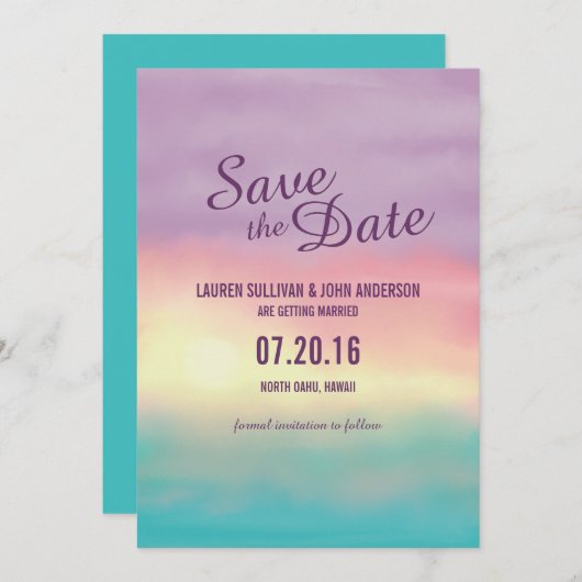 Invitation Coucher de soleil romantique sur la plage à l'aqua (Devant / Derrière)