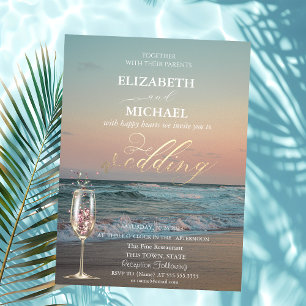Invitation Coucher de soleil sur la plage, Vagues, Verre de c
