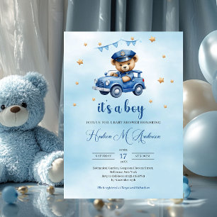 Invitation Coucou ours en peluche policier garçon baby shower