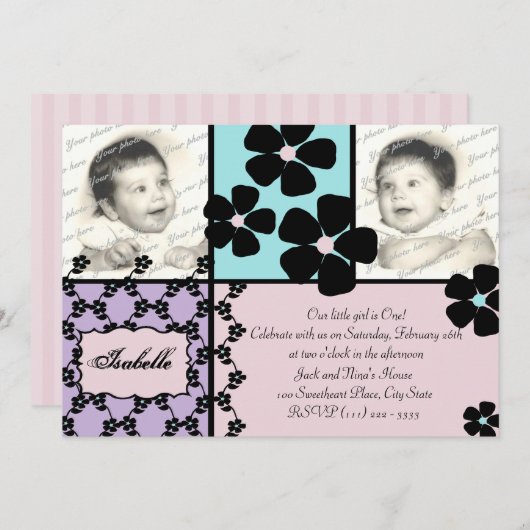 Invitation Couette bébé et fleurs (Devant / Derrière)