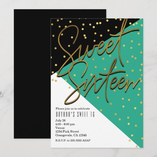 Invitation Couleur Bloc Turquoise Black Gold Sweet 16 Invitat (Devant / Derrière)