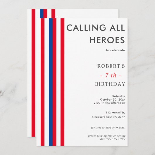 Invitation Couleur Comics Inspiré SuperHero fête d'anniversai (Devant / Derrière)