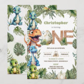 Invitation Couleur Cute Dinosaures Verdure 1er Anniversaire U (Devant / Derrière)