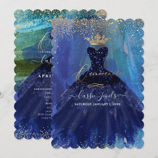 Invitation Couleur d'aquarelle bleu marine Turquoise Quincean (Devant / Derrière)