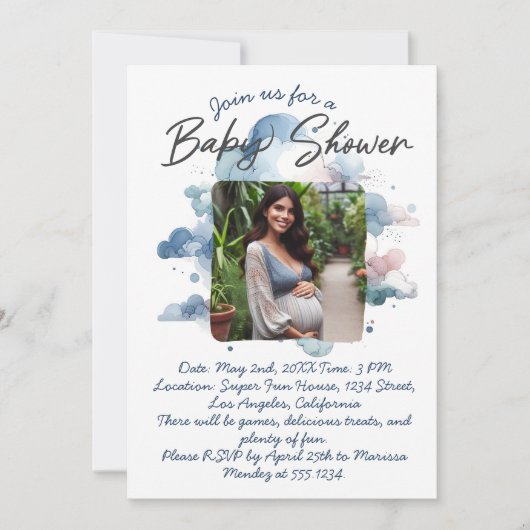 Invitation Couleur d'aquarelle bleue, script de baby shower p (Devant)