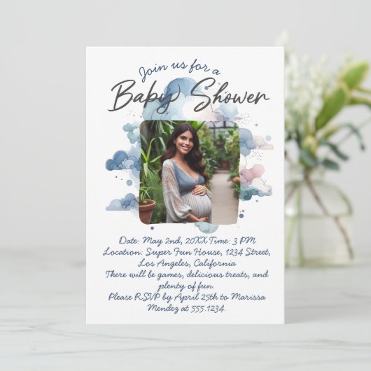 Invitation Couleur d'aquarelle bleue, script de baby shower p (Debout devant)