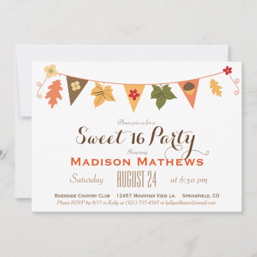 Invitation Couleur d'automne Feuille Bunting Sweet 16 Anniver (Devant)