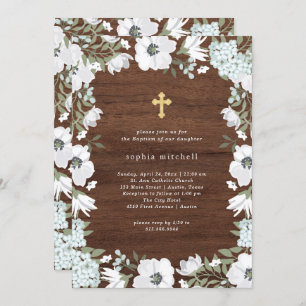Invitation Couleur de bois floral gris et blanc rustique  Bap