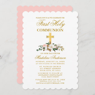 Invitation Couleur d'eau communion Magnolia Croix d'or floral