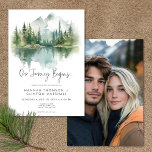 Invitation Couleur d'eau de la scène du lac Rustic Mountain<br><div class="desc">Echappez-vous à une retraite sereine en montagne avec votre faire-part de mariage. Ce design exquis présente un tableau d'aquarelle époustouflant d'une montagne majestueuse, ses pentes drapées de pins luxuriants, reflétant leur beauté dans les eaux cristallines en contrebas. Les tons naturels doux du bronzage, du vert, du blues turquoise et du...</div>