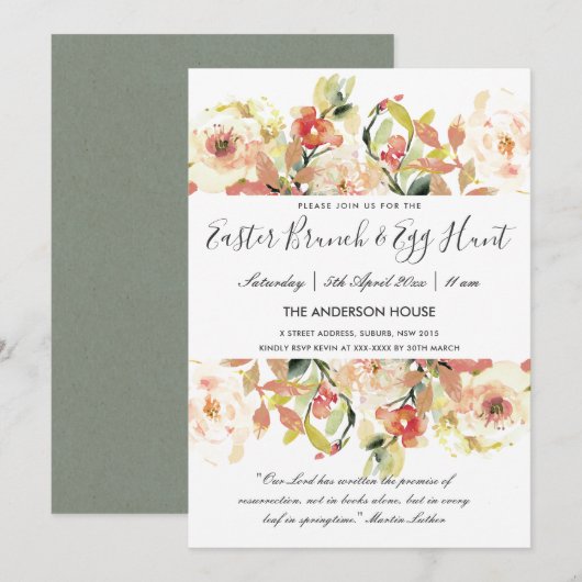INVITATION COULEUR D'EAU DE PÂQUES FLORALE BRUNCH & OEUF CHAS (Devant / Derrière)