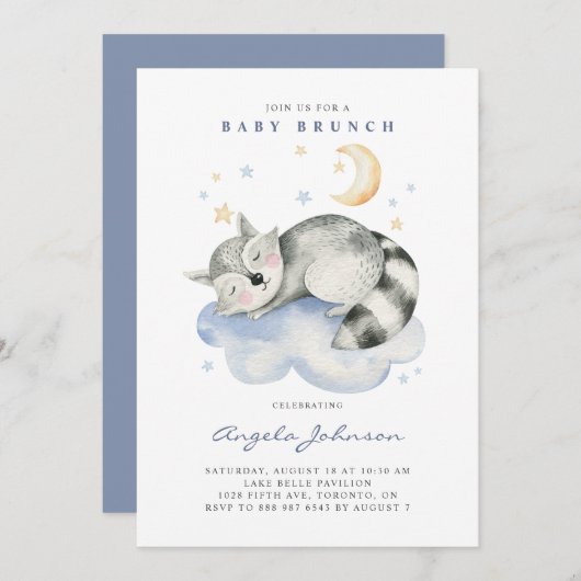 Invitation Couleur d'eau douce couchage Raccoon bébé Brunch (Devant / Derrière)