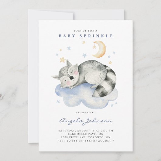 Invitation Couleur d'eau douce couchage Raccoon bébé saupoudr (Devant)