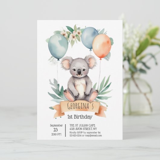 Invitation Couleur d'eau douce Koala avec ballons d'anniversa (Debout devant)