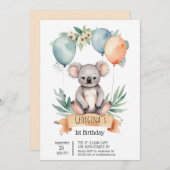 Invitation Couleur d'eau douce Koala avec ballons d'anniversa (Devant / Derrière)