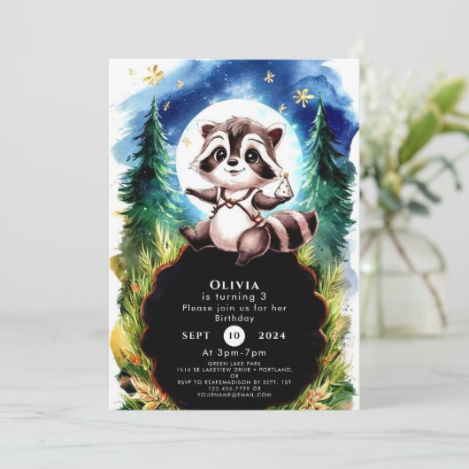 Invitation Couleur d'eau douce Raccoon anniversaire (Debout devant)