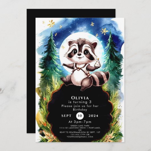 Invitation Couleur d'eau douce Raccoon anniversaire (Devant / Derrière)
